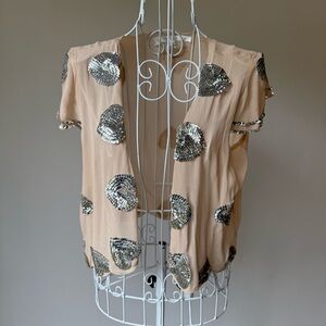 Jenny Han Anthropologie silk sheer short sleeve open front sequined top Size L